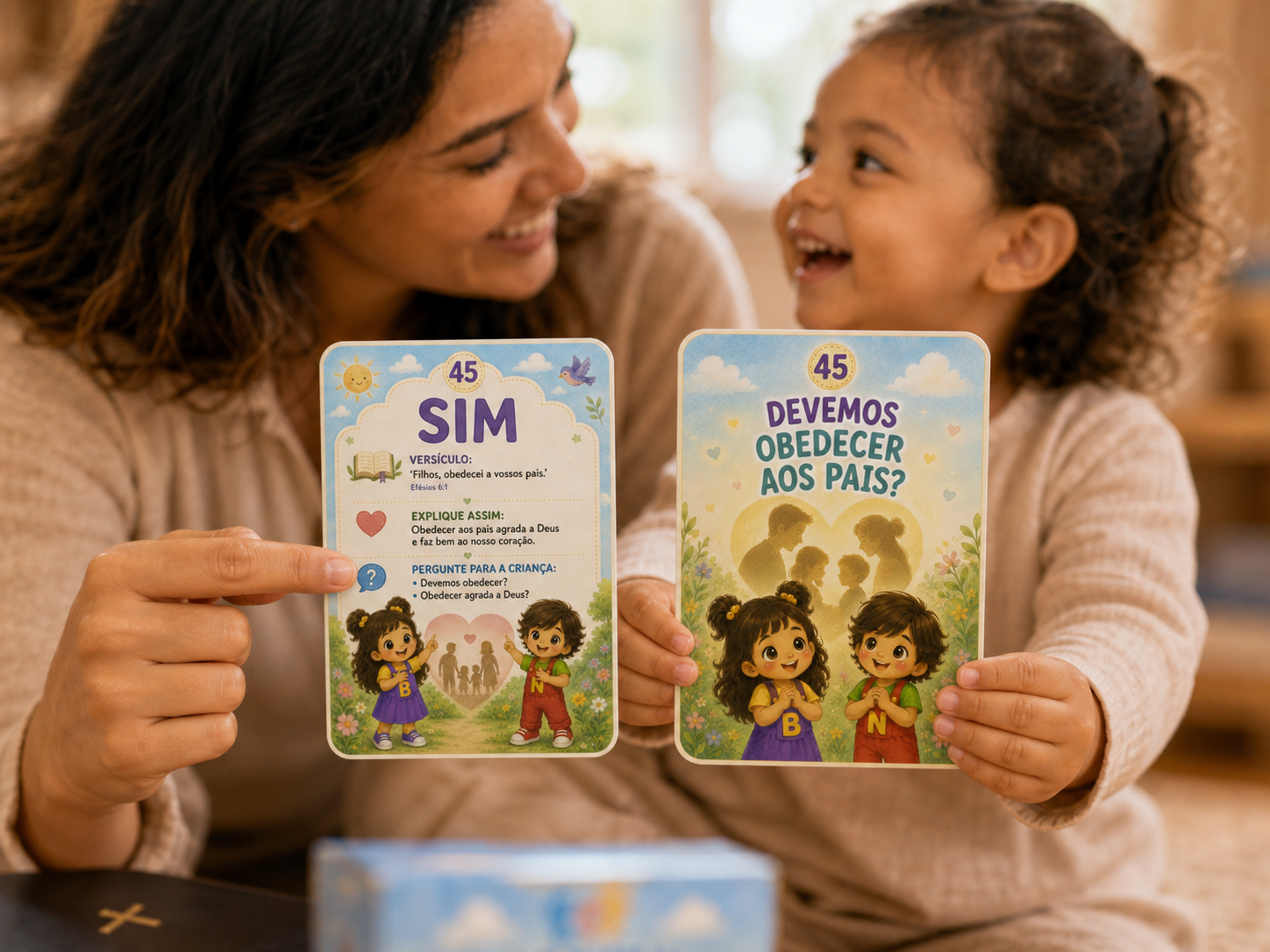 Mãe e filha sorrindo enquanto mostram a frente e o verso do card 45