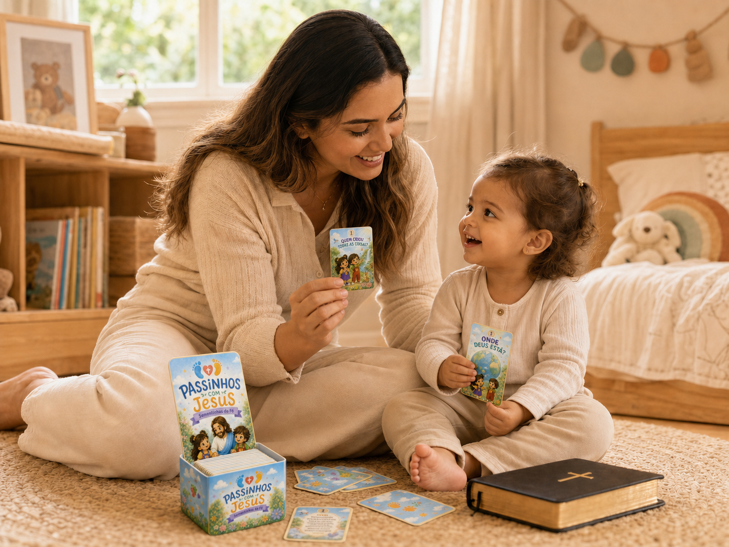 Mãe e filha usando os cards Passinhos com Jesus ao lado da Bíblia