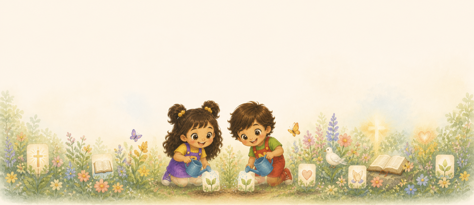 Bella e Noah regando pequenas sementes em um jardim de fé