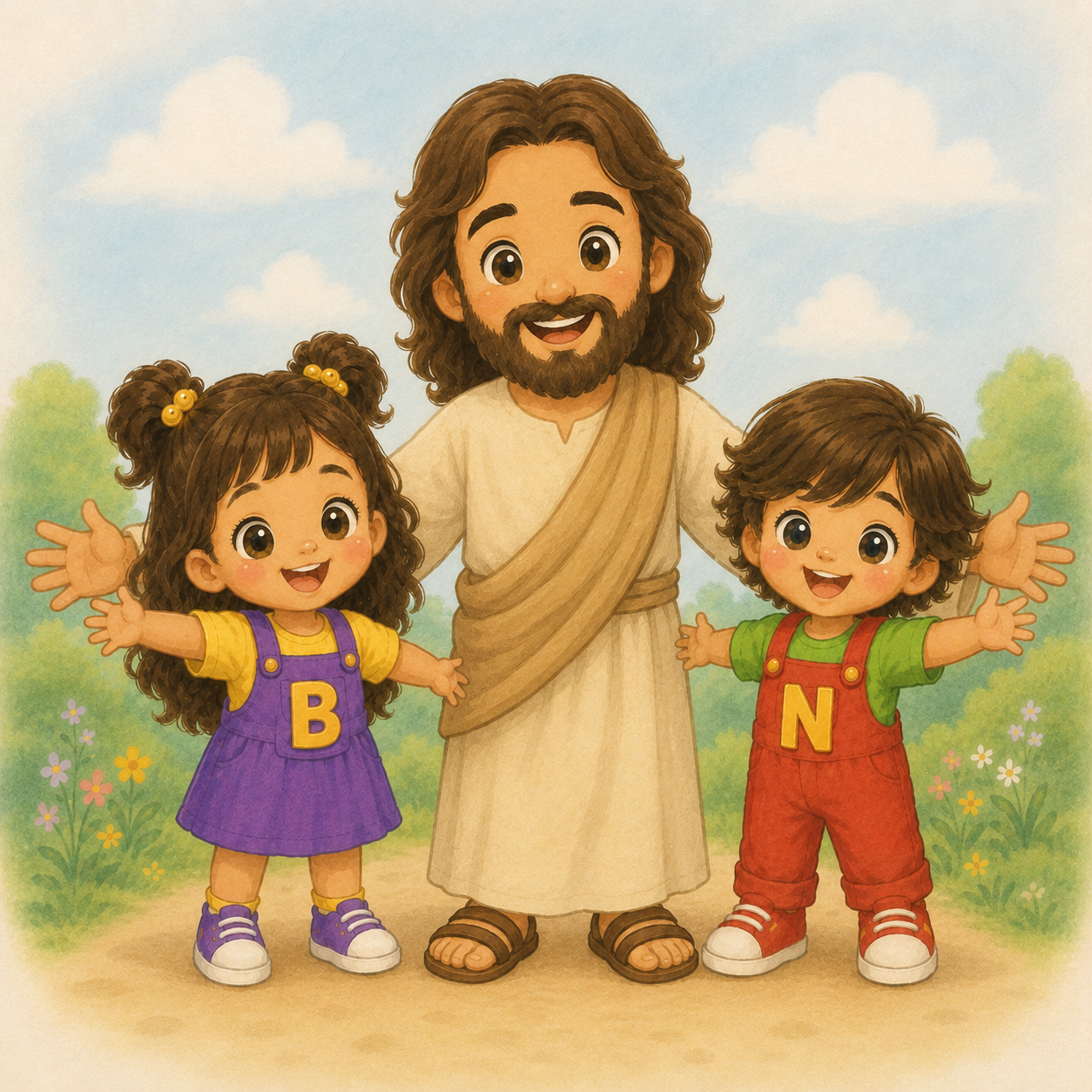 Jesus, Bella e Noah de braços abertos em um jardim