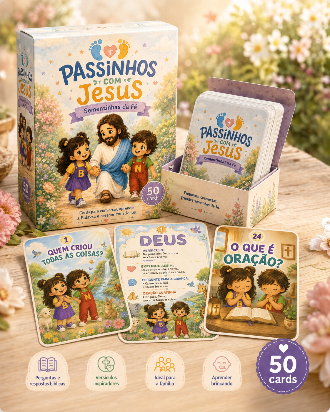 Kit físico Passinhos com Jesus com caixa e cards ilustrados